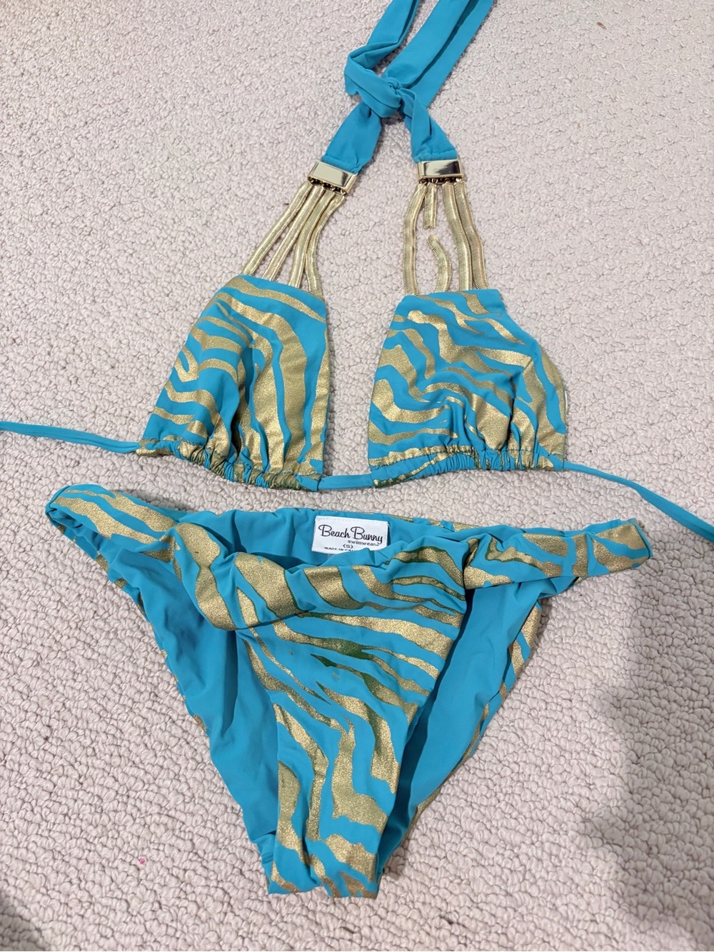 Beach Bunny Turquoise Gold Zebra Bikini Set Chain Flaw